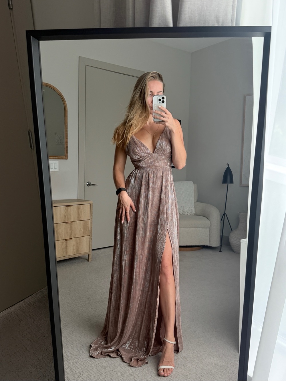 Fashion Nova Bronze Liquid-Metallic Maxi Dress (prom, gala, wedding guest)